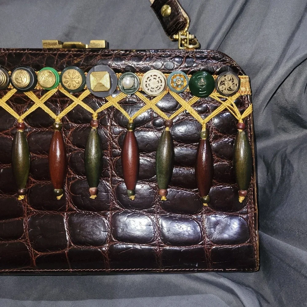 Vintage 1950s Macy Associates Brown Crocodile Skin Purse Handbag ~ France